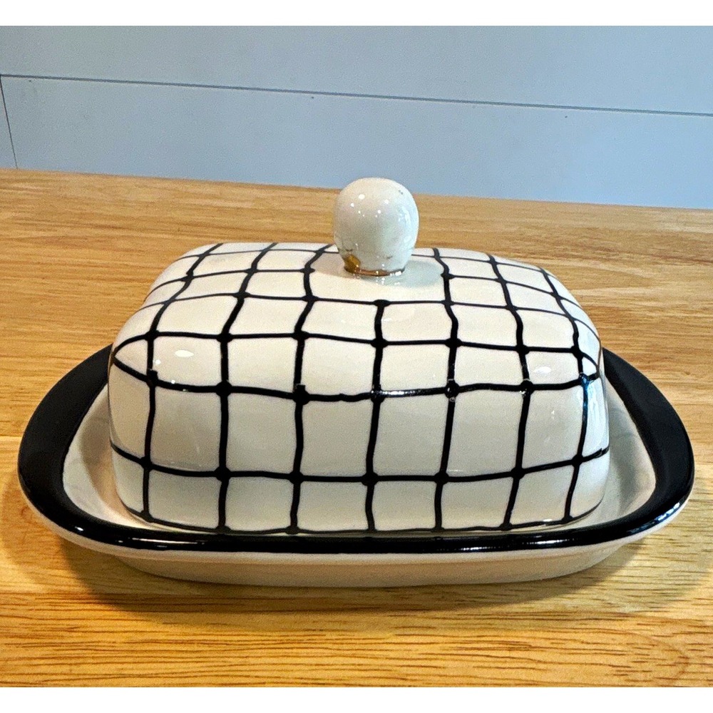 Tabletops Gallery Ceramic Covered Butter Dish w/ Lid, White/Black Check